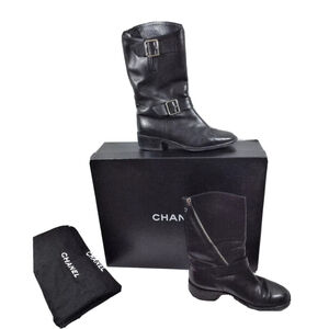 Chanel Black Leather K G27805 Buckle Side Zip CC Logo Moto Boots Sz 36 US 6